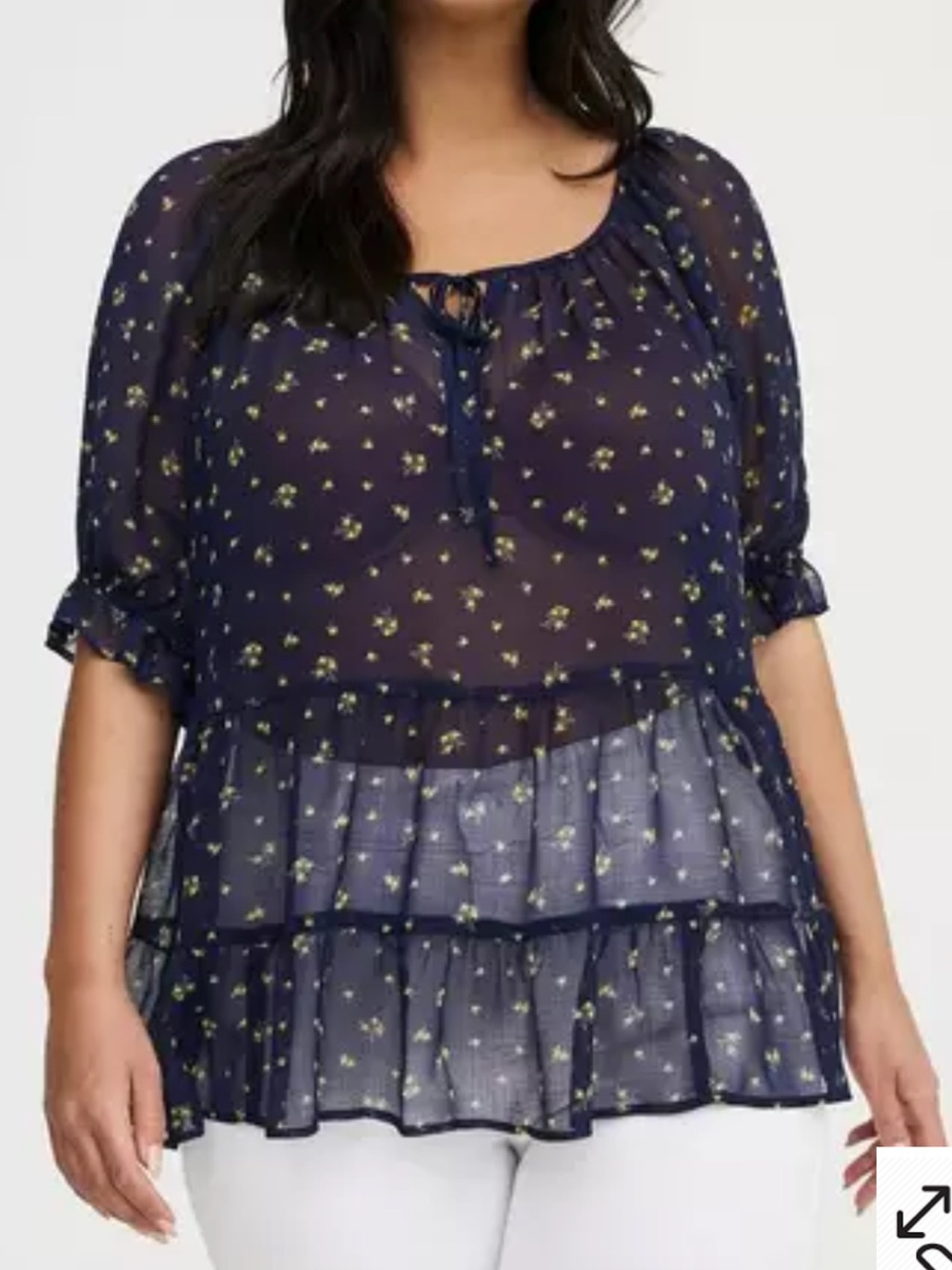 Women's Torrid brand sheer Navy Floral Ruffle Peplum Top - size 00/10